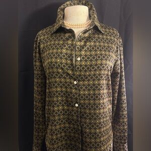 Vintage French Connection Black & Gold Geometric Button-Up Blouse